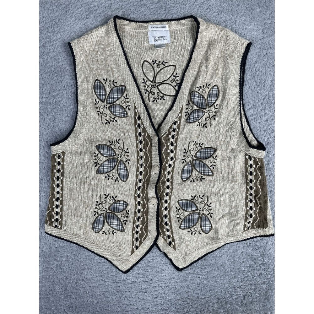 Christoper & Banks Women s Hand Embroidered Button Sweater Vest L Beige Foliage